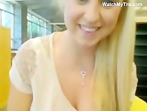 Blonde girlfriend gets her nipples poked and rubs her big tits on camera